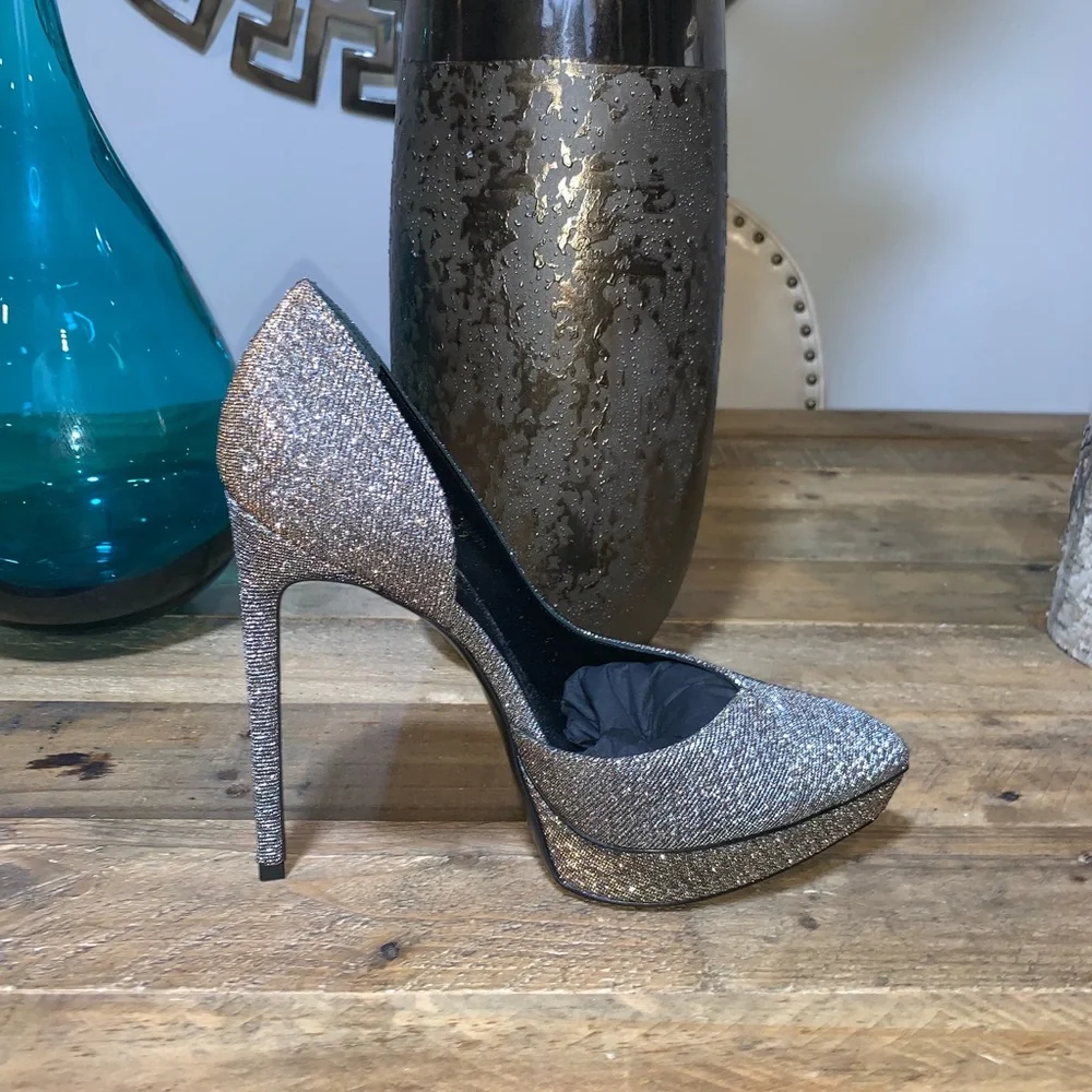Saint Laurent Silver Glitter Platform Pumps